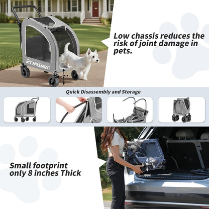 EchoSmile 4 Wheels Pet Stroller, Foldable Dog & Cat Stroller for All-Season, Lightweight Carrier with Storage Basket, Adjustable Handle, Removable Pad, Breathable Mesh, Up to 135 lbs, Grey