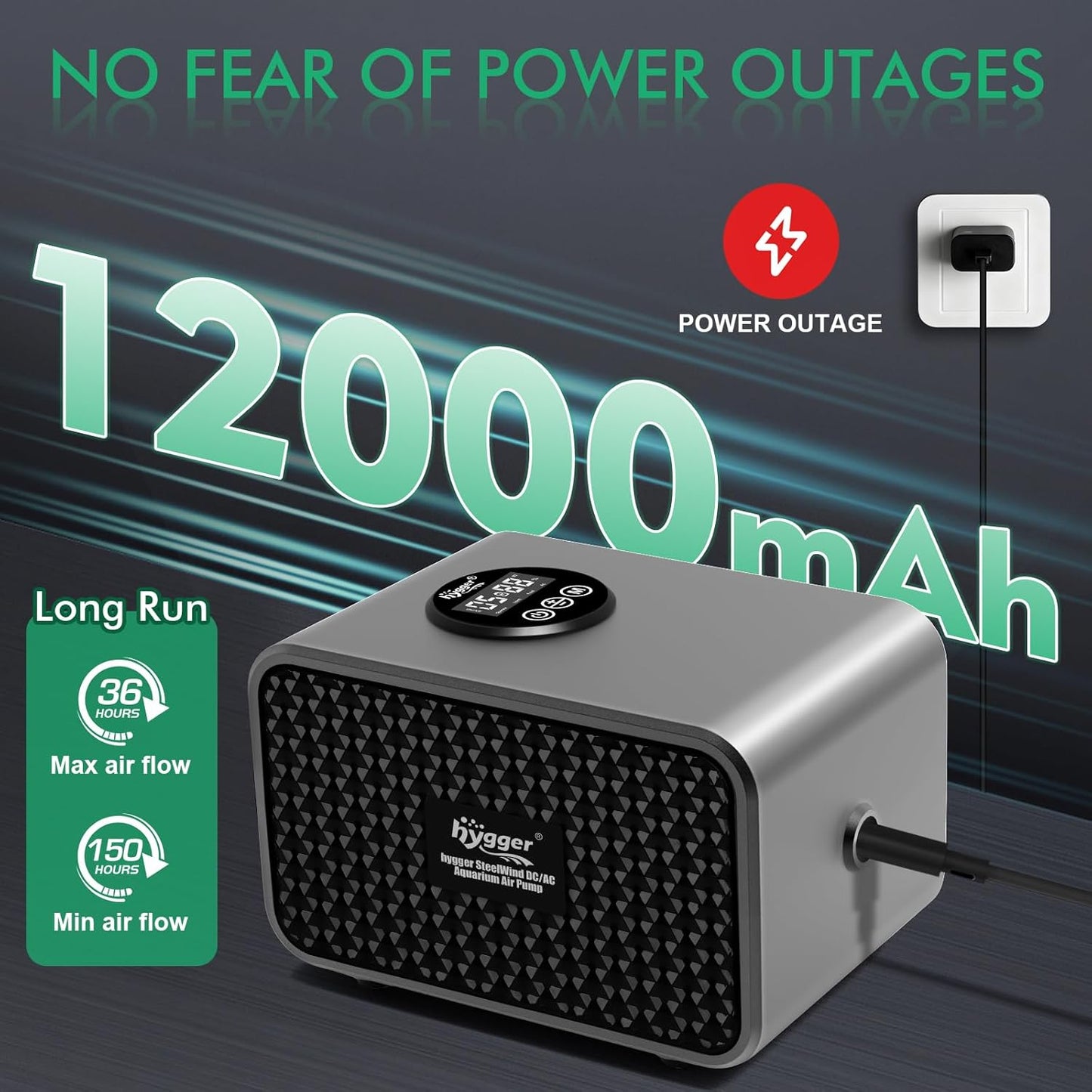 hygger Rechargeable Battery Powered Aquarium Air Pump with Large Capacity, Quite Fish Tank Air Pump with LED Display, Adjustable Mode/Flow, Fish Tank Bubbler Aerator for Power Outages and Fishing