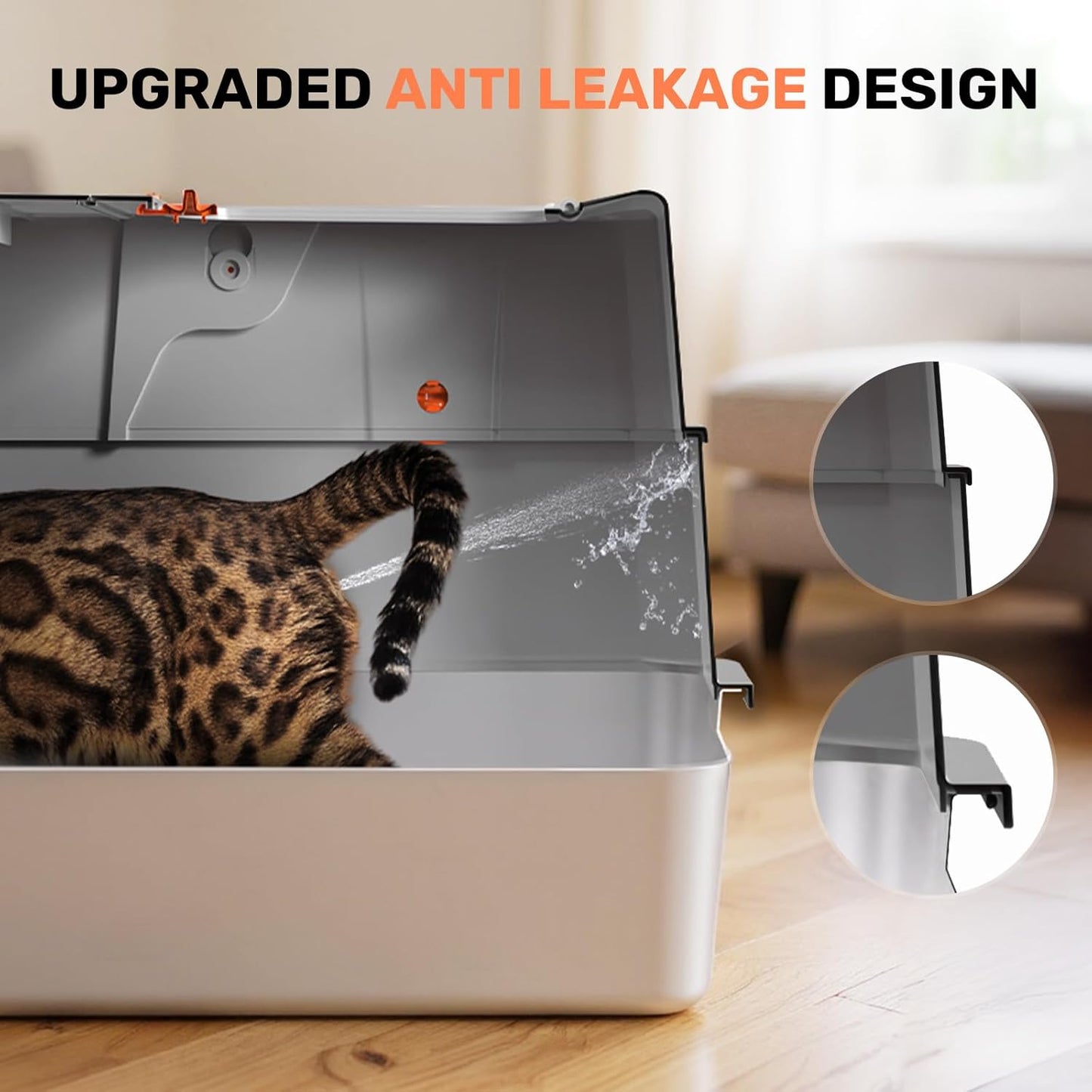 Stainless Steel Litter Box with Lid, Anti-Leakage Enclosed Metal Litter Box, Flip-Top Extra Large Kitty Litter Pan with Scoop & Pedal, Odor Free, Front & Top Dual Entry, Light Gray