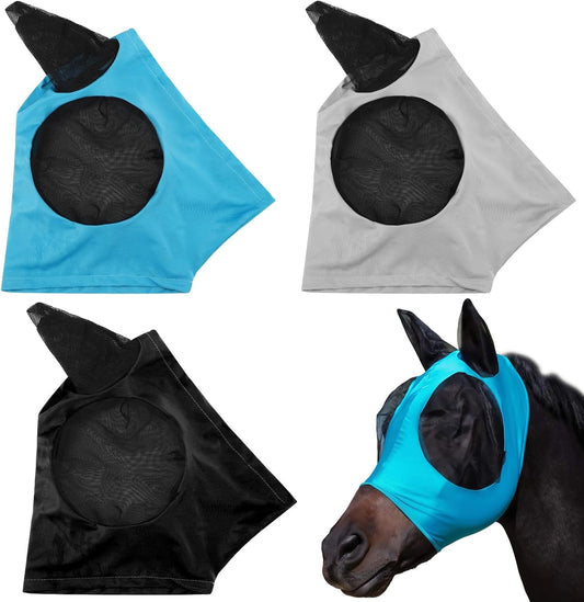 3 PCS Horse Fly Mask with Ears, Breathable Stretch Horse Mask for Sun Fly Mosquito Protection, Soft Polyester Mesh for Eyes & Ears, Lightweight Comfortable Fit for Average Size Horses