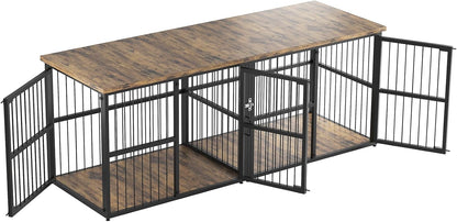 Extra Large Double Dog Crate Furniture with Divider – Heavy Duty Wooden Kennel Cage – Fits 2 Medium or Large Dogs – 3 Doors, Modern TV Stand, Indoor Pet House – Black