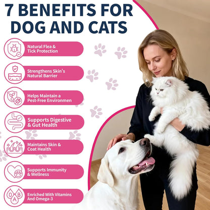 Flea & Tick Prevention for Dog and Cat, 500 Crunchy & Creamy Flea Chews+ Flea & Tick Support Drops - Skin & Coat Support - Fleas & Tick Supplement for Dogs Cats Kittens