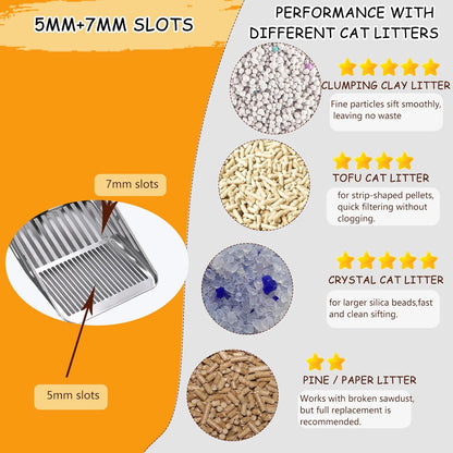 304 Stainless Steel Cat Litter Scoop with Holder Stand, One-Piece Pressed Design with No Weld Spots, Durable Anti-Break Handle, Dual Slot Sizes, Easy to Clean, Filters Small Litter Clumps