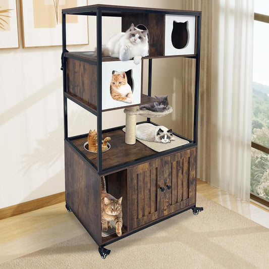 Cat Tower with Litter Box Enclosure, Wooden Hidden Litter Box Cat Tree Cabinet on Wheels with Condo, Hammock and Scratching Post, Dog Proof Cats Washroom Furniture