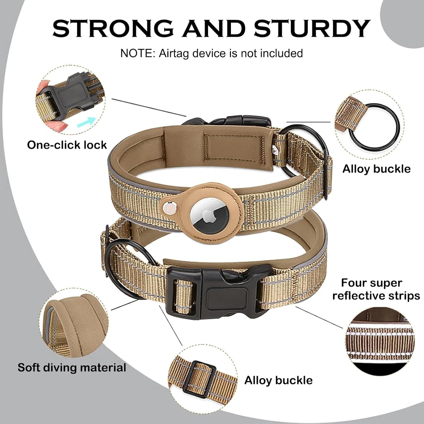 Ericfavre Airtag Dog Collar, Reflective Dog Collar with Airtag Holder, Comfortable Padded and Adjustable Airtag Dog Tracking Collar with Airtag Dog Collar Holder for Small Medium Large Dog (Beige, S)