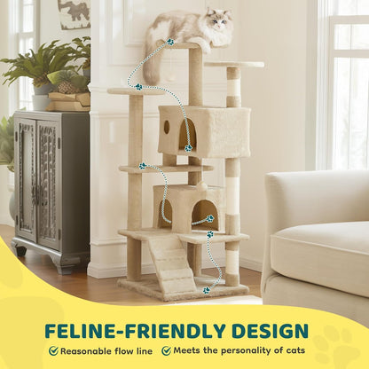 Cat Tree 54 Inch, Multi-Level Cat Tower with Condo, Perches, Sisal Scratching Posts and Climbing Ladder, Pet Play Toy Balls House for Indoor Cats, Beige