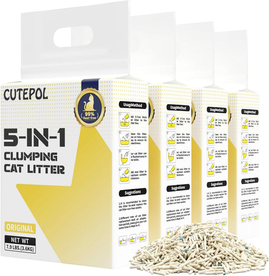 Mixed 5-in-1 Clumping Cat Litter 31.6 lb, Odor Control and Rapid Clumping, Water Absorbent and Flushable, Dust-Free, Multi-Cat, Bentonite Tofu Cat Litter, Original, 7.9lb/Bag