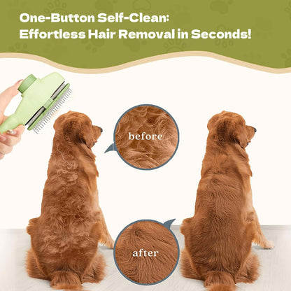 TerraKin 2-Pack Flea Comb for Dogs & Cats, One-Click Self-Cleaning Pet Grooming with Release Button, Long & Short Stainless Steel Teeth for Deshedding, Removing Fleas & Massaging,Green