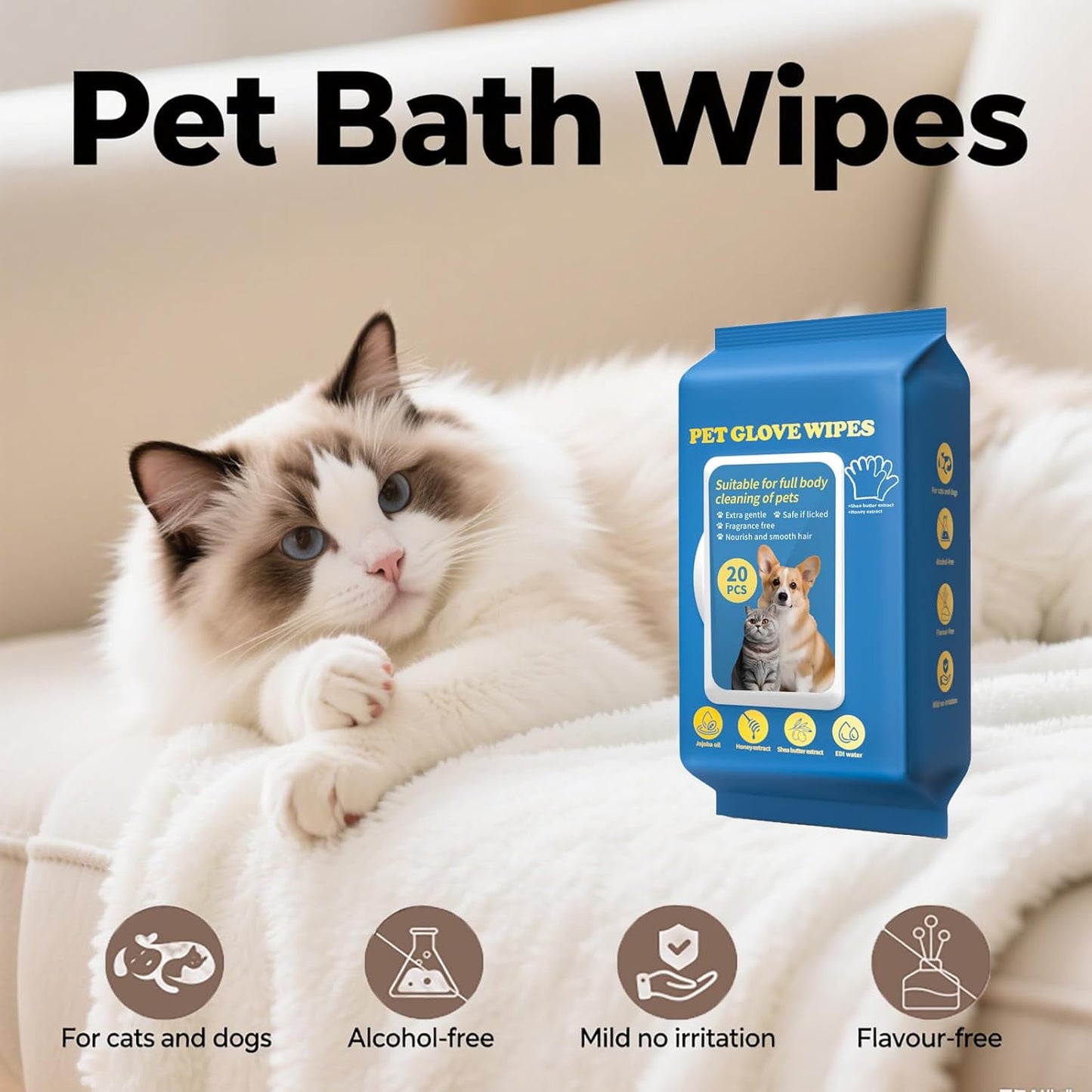 Pet Glove Wipes, Pet Grooming Gloves - for Dog Cat Hair Removal, Bathing & Deshedding, Cleaning Glove for Dog and Cat Paws, Body and Butt, Ear, Eye, Daily Care and Travel,Thickened-20PCS