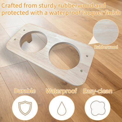 15° Tilted Elevated Cat Bowls with 2 Ceramic Dishes & Wood Base - Anti-Vomit Raised Feeder Station for Indoor Cats & Small Dogs, Dishwasher Safe