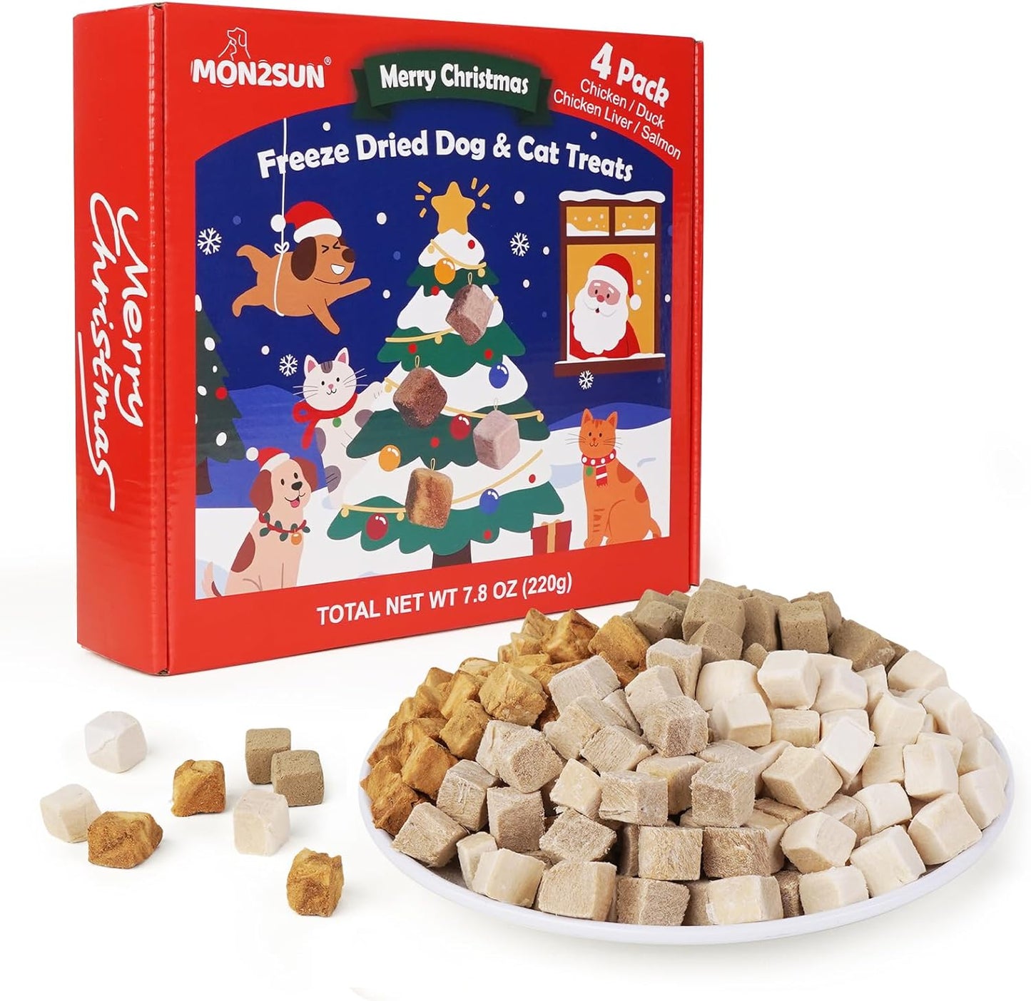 MON2SUN Christmas Dog and Cat Treats, Freeze-Dried Holiday Box Treats, Single Ingredient, High Protein Training Treats & Food Topper, 7.8 oz