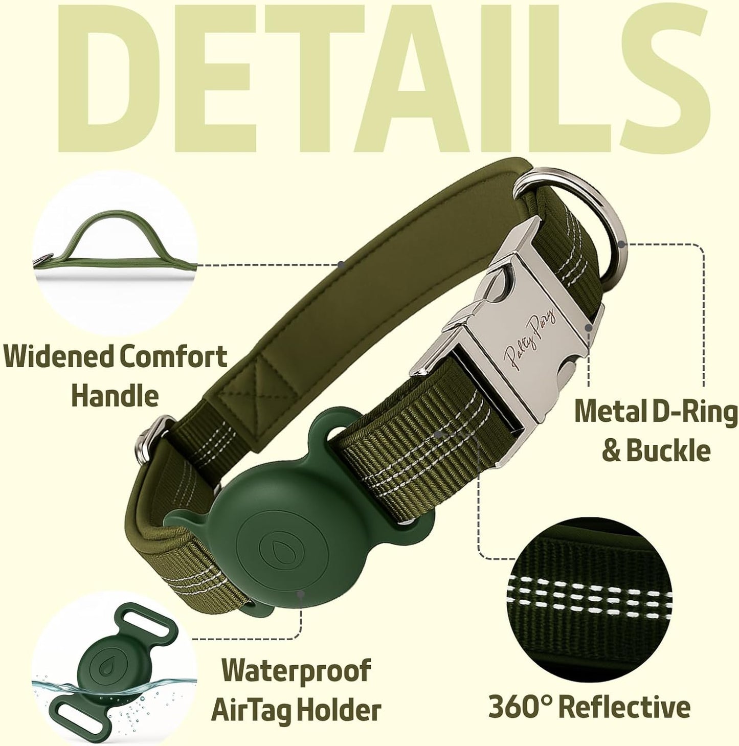 AirTag Holder Dog Collar for Large Medium Dogs, Adjustable Nylon Dog Training Collar with Quick Release Buckle, Reflective Heavy Duty Tactical Dog Collar with Handle (Army Green M)
