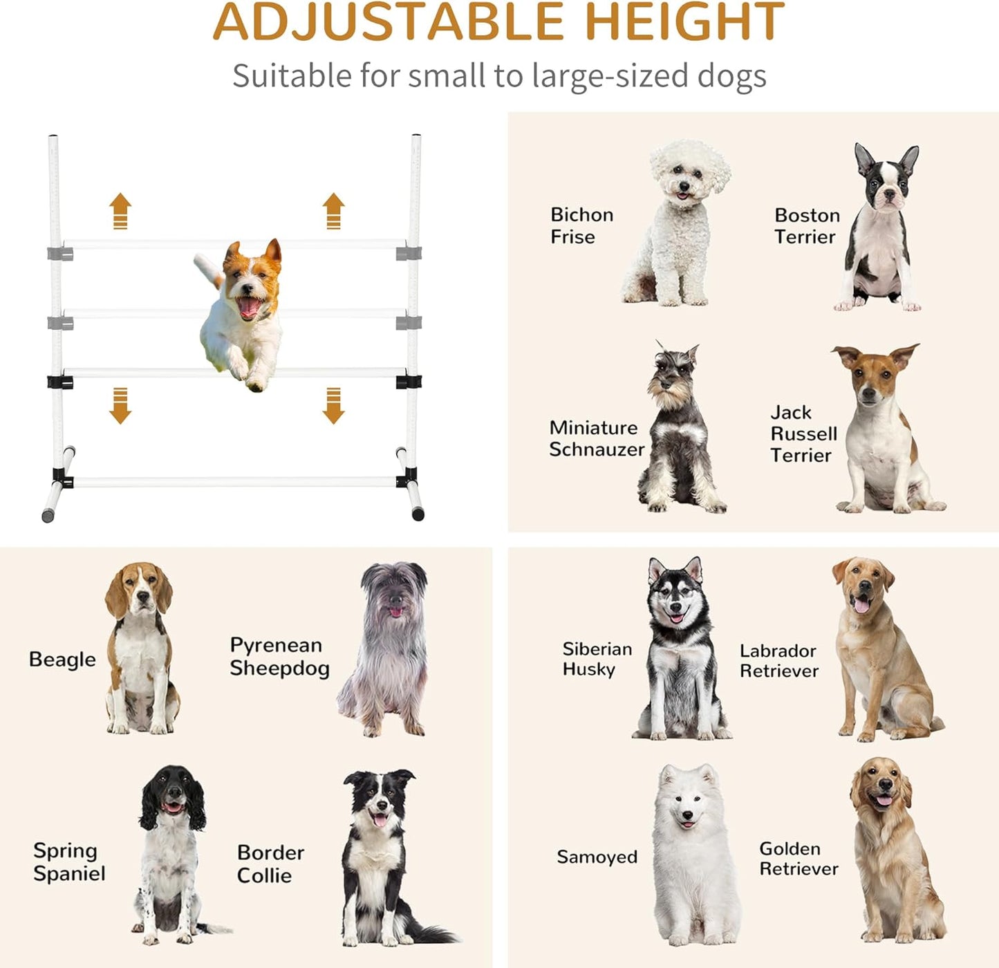 PawHut 4 Piece Dog Agility Training Equipment for Dog Agility Course with Adjustable Height Jump Bars, Included Carry Bag, & Displacing Top Bar, White