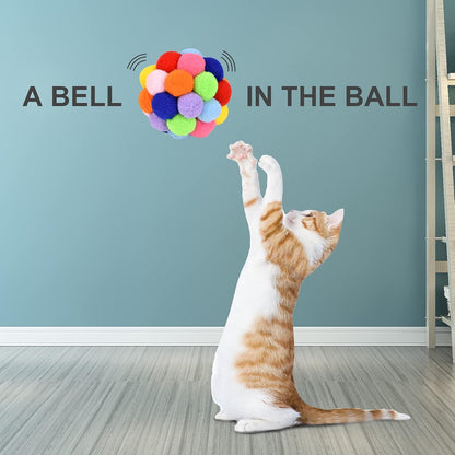 TUSATIY Cat Toy Balls with Bell 3PCS, Colorful Soft Fuzzy Balls Built-in Bell for Cats, Interactive Playing Chewing Toys for Indoor Cats and Kittens