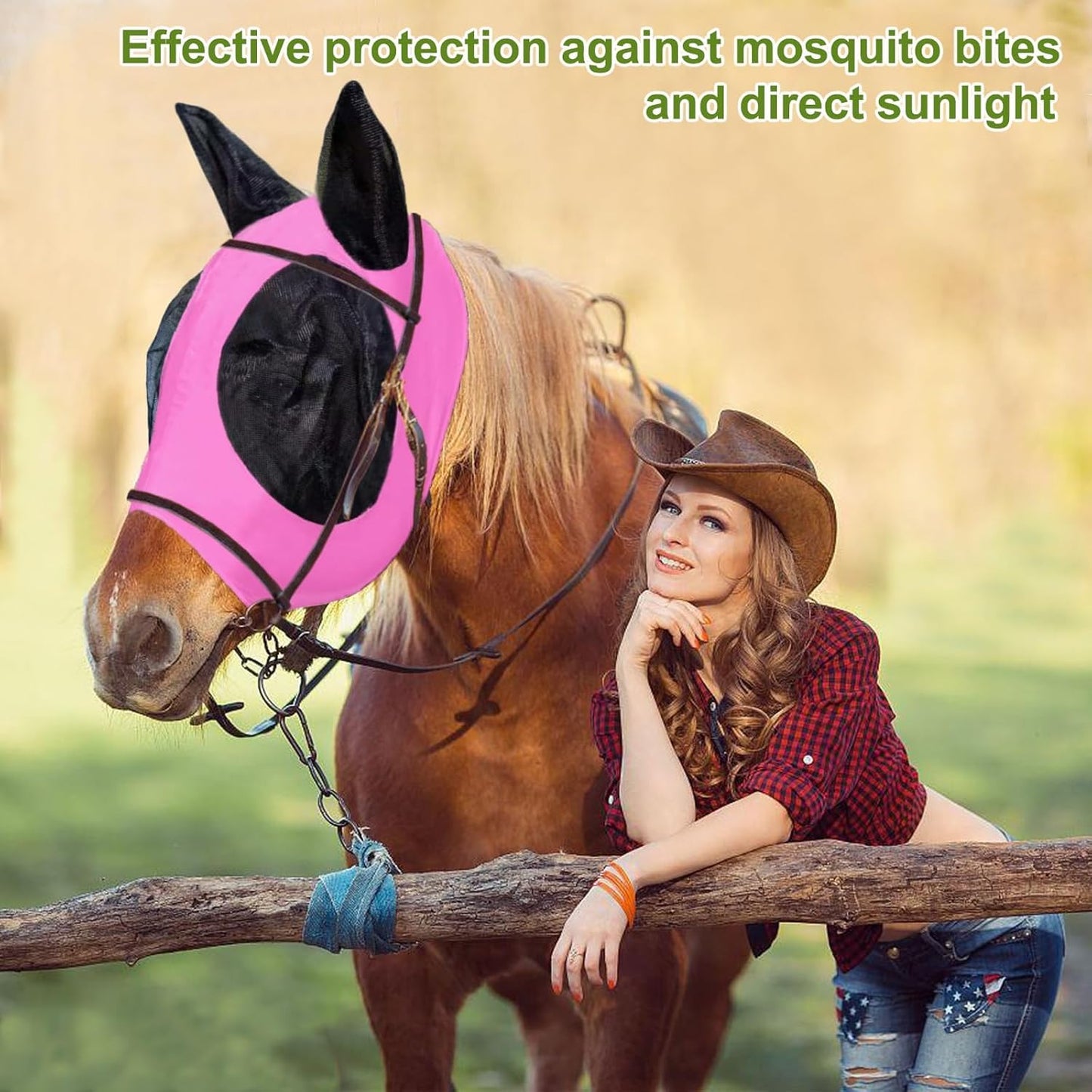 Fly Masks for Horses with Ears Set of 3, Comfort Fit Stretchy Fabric with UV Protection Soft on Skin Breathability for Average Size Horses (Red-Black-Pink, Large)