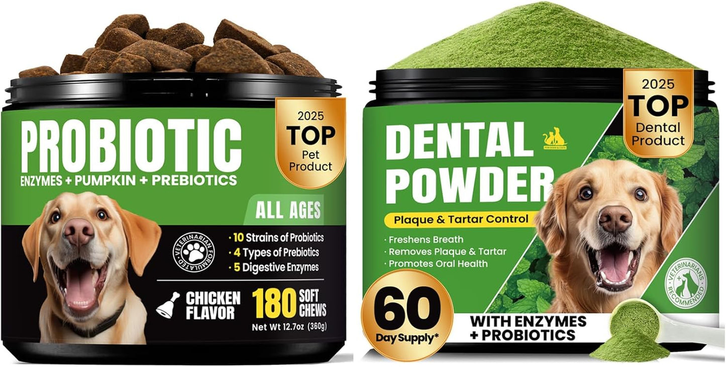 Digestive & Skin Support Chews + Dental Care Powder - Probiotics with Enzymes for Gut Comfort & Itch Ease, Tartar Control & Fresh Breath for Dogs & Cats - 180 Chews + 150g Powder