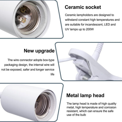 Aluminum Gooseneck Clamp on Desk Light Socket, Clip Lamp Holder E26 Desk Light Lamp with 240cm Cable, Turtle Tank Lights Heat for Reptiles, for Home Office Makeup(No Bulb)