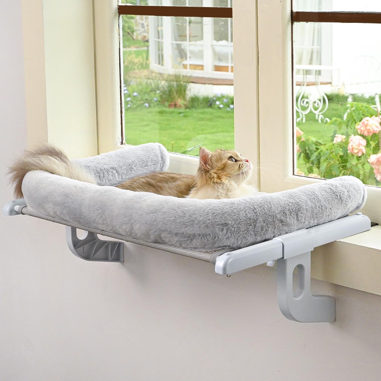 Cat Window Sill Perch with Large Bolster, Easy to Adjust & Assemble Cat Window Seat for Windowsill & Bedside, Pet Hammock Bed for Large Cats and Kittens (Grey, L)
