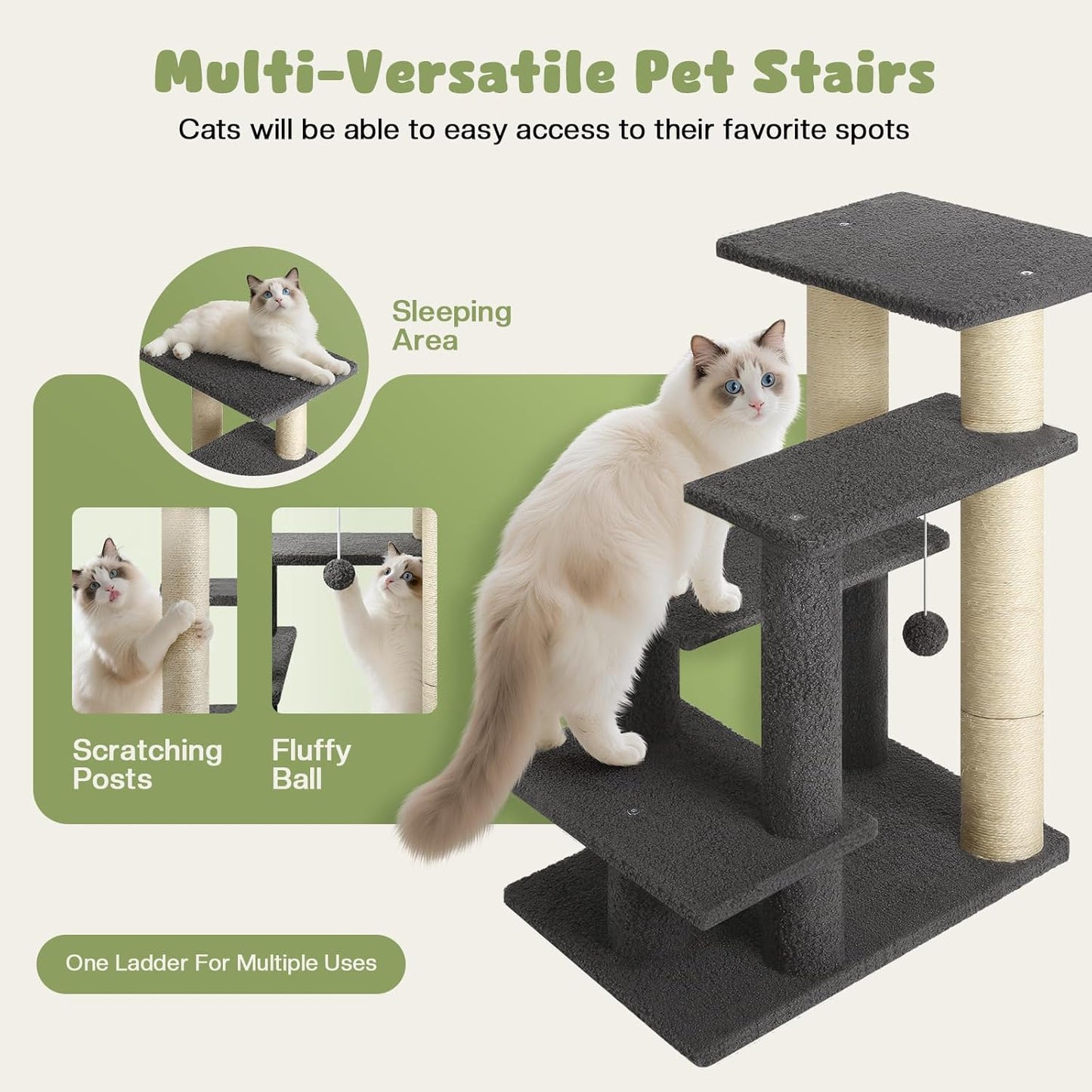 4-Step Pet Steps for Cats/Dogs, Cat Stairs with Sisal Scratching Post, Cat Steps for Older Cats with Enlarge Perch, Pet Stairs for High Bed and Couch, Gray