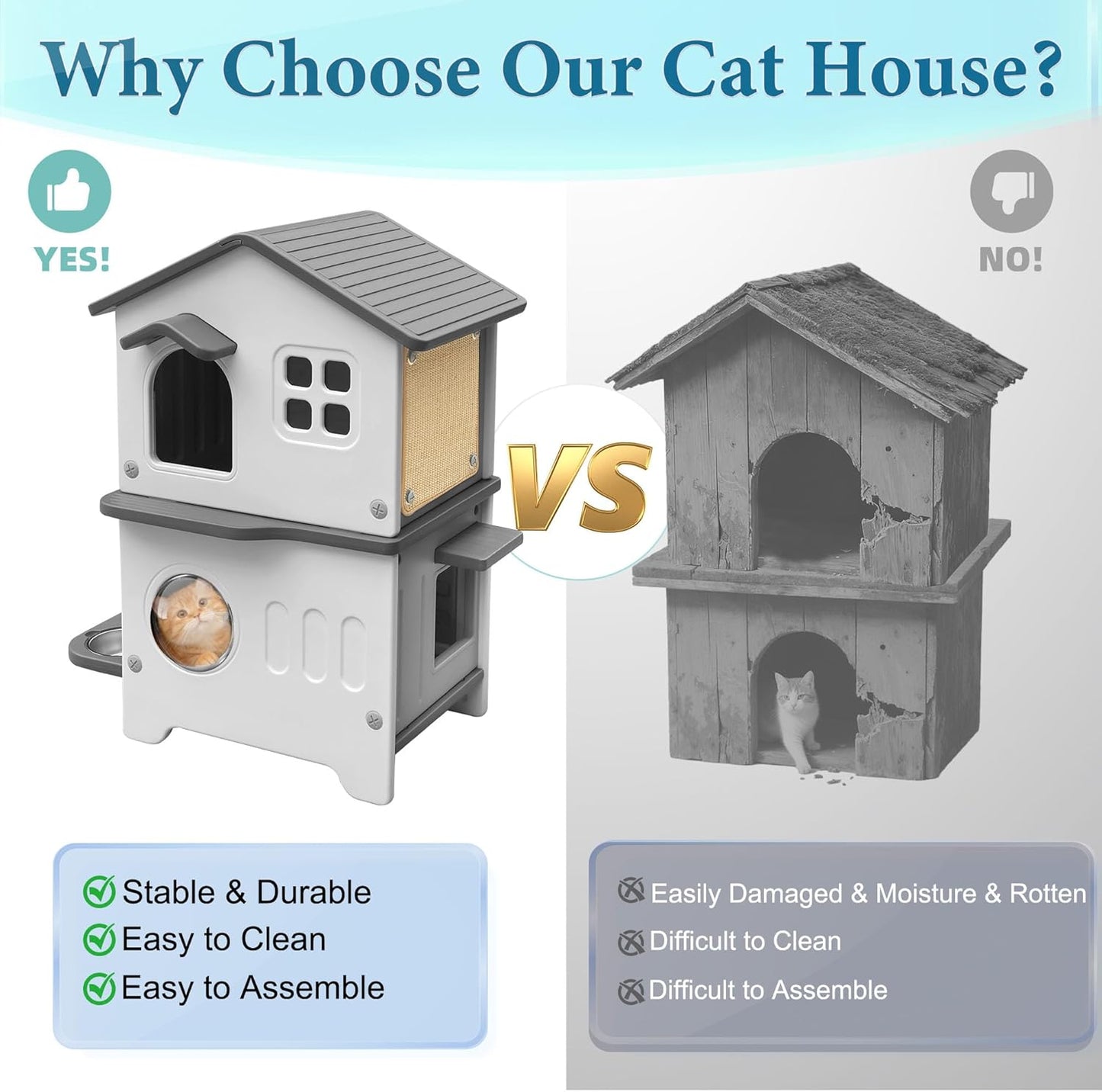 Cat House Outdoor Weatherpoof Plastic Cats Houses with Elevated Cat Bowls, Cat Scratch Pads and Escape Door, 2-Story Indoor Waterproof Feral/Pet Cat Shelter Outside for Multiple Cats, Grey