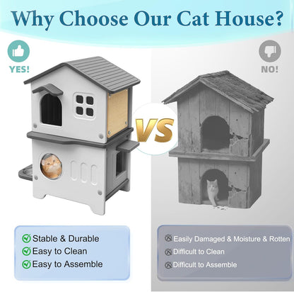 Cat House Outdoor Weatherpoof Plastic Cats Houses with Elevated Cat Bowls, Cat Scratch Pads and Escape Door, 2-Story Indoor Waterproof Feral/Pet Cat Shelter Outside for Multiple Cats, Grey