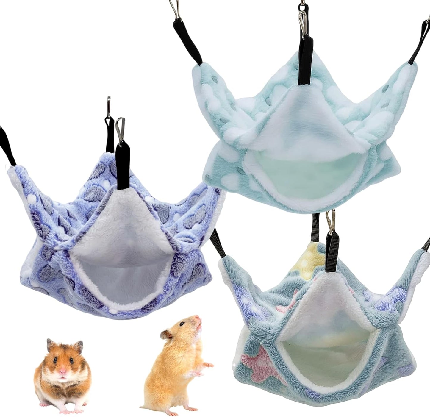 3PCS Ferret Hammock, Rat Hammock for Cage, Set with Green Star, Purple Heart & Pink Heart Designs, Soft Hanging Bed for Small Pets Like Sugar Gliders, Chinchillas, Guinea Pigs