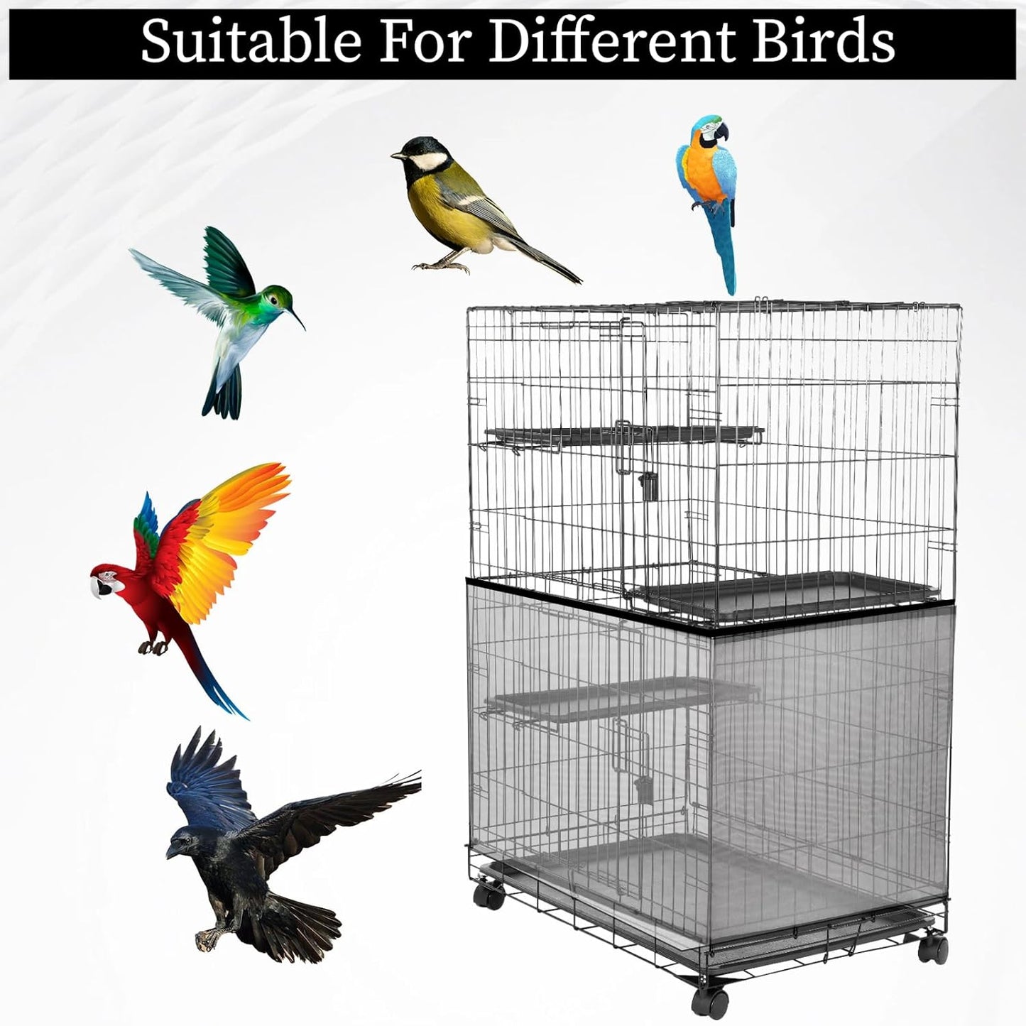 2PCS Adjustable Bird Cage Cover, Bird Cage Seed Catcher, Large Birdcage Cover, Airy Nylon Guard Net for Parrot Parakeet Macaw Round Square Cages (Black, White)
