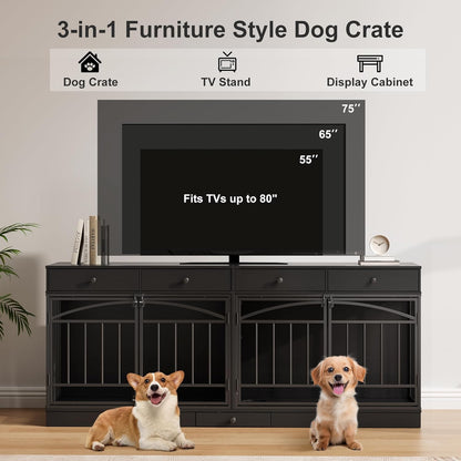 GarveeHome Dog Crate Furniture for 2 Dogs, Dog Kennel Indoor with 4 Storage Drawers and Feeding Bowls, Double Dog Crate TV Stand for Small Medium Dogs, Black