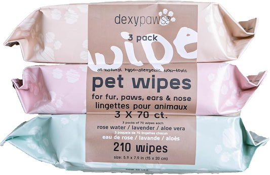 Pet Cleansing Wipes - 3 Packs (70ct Each) - Aloe-Lavender-Rose Water - Wet Wipes for Dogs & Cats, Fur-Paws-Face, Natural Pet Safe Grooming