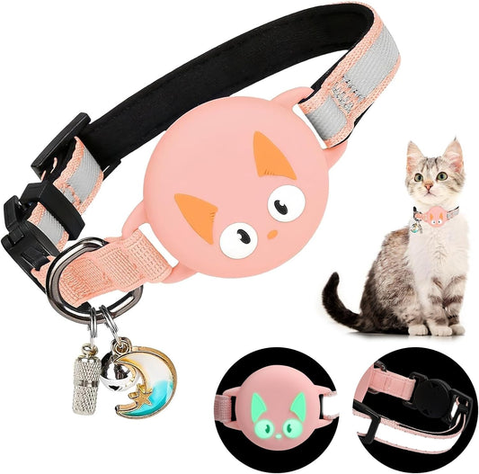 Reflective Breakaway Cat Collars with Bells, Hidden GPS Tracker for Airtag Safety Buckle Kitten Collar, with Name Tag, Waterproof for AirTag Luminous Holder, Accessories, Stuff(Pink)