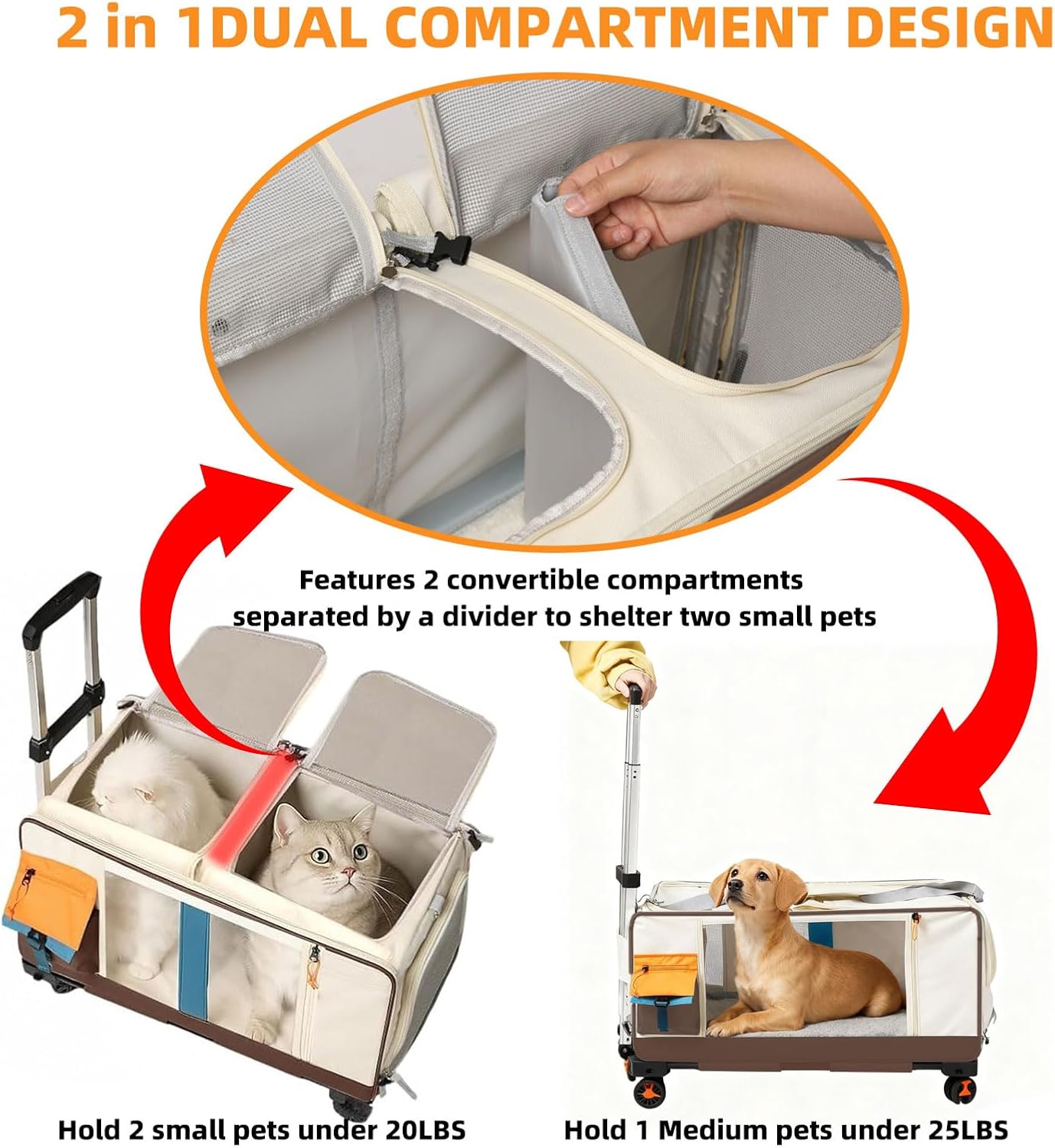 Large Cat Carrier with Wheels for 2 Cat, Double Rolling Pets Carrier on Wheel, Folding Soft-Sided Carriers with Telescopic Handle, Shoulder Strap Removable Soft-Sided Bag for Car, Vet, Outing