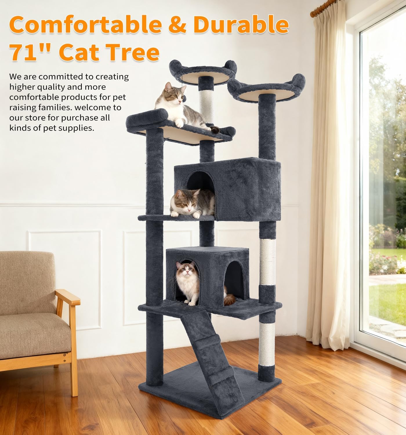 Made4Pets Cat Tree Tower 70in Cat Tower for Indoor Cats Kitten Tree Multi-Level Cat Tree with 2 Condo Furniture Activity Center with Scratching Posts Funny Toys Kittens Pet Play House, Grey