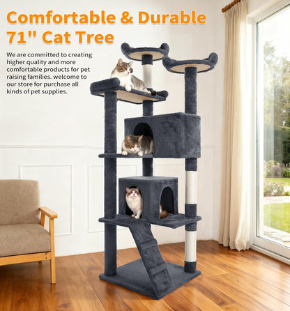 Made4Pets Cat Tree Tower 70in Cat Tower for Indoor Cats Kitten Tree Multi-Level Cat Tree with 2 Condo Furniture Activity Center with Scratching Posts Funny Toys Kittens Pet Play House, Grey