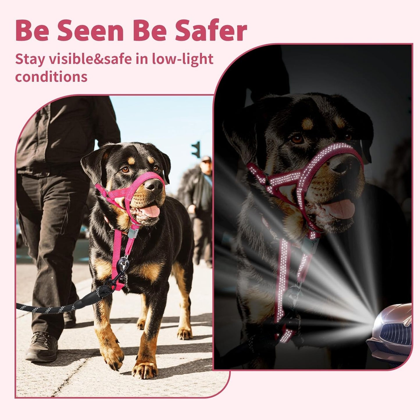 BARKLESS Sturdy No Pull Head Collar for Medium Large Dogs, Gentle Reflective Head Halter with Safety Link, Adjustable Nylon Dog Training Muzzle Leash for Walking Control (Hot Pink, XL)
