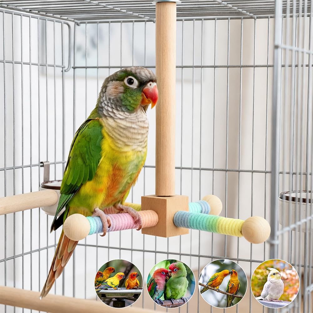 Parrot Spinning Windmill Perch, Bird Toy Rotating Stand for Parakeets, Cockatiels, Budgies - Interactive Wooden Cage Accessory, Enrichment Toy for Small & Medium Parrots, Lovebirds