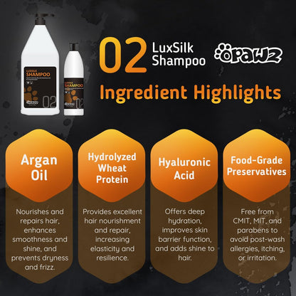 OPAWZ 02 LuxSilk Dog Shampoo, 2- in-1 Dog Shampoo and Conditioner, Reduces Shedding, Dematting, Deshedding, Removes Undercoat, for Long Haired, Silky Coat Dogs and Cats, 16.9 fl.oz/ 500ml
