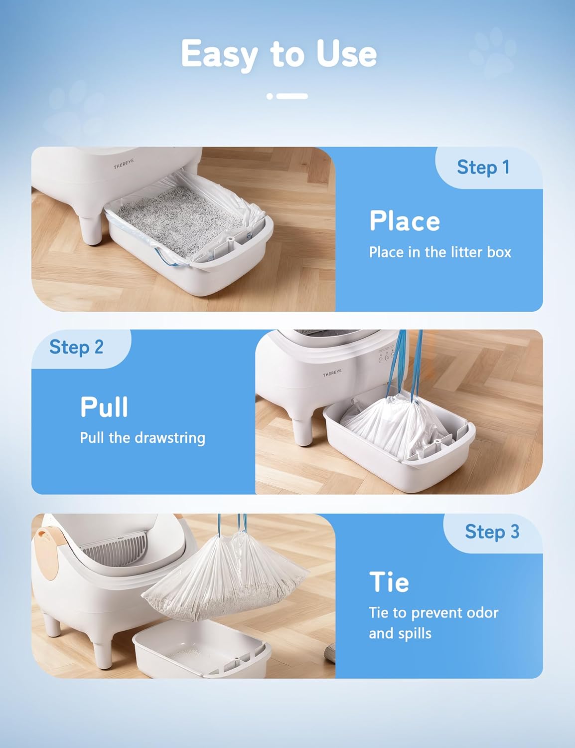 60 Pack Cat Litter Liner, Waste Cat Litter Bags for Thereye SC06 Automatic Litter Box, Drawstring Heavy-Duty Liners, Leak-Resistant, Large 26" × 11.8"