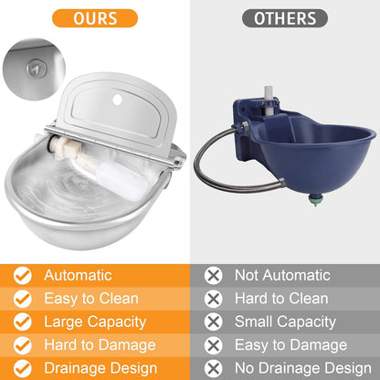 MYFAMIREA Automatic Animal Drinking Water Bowl Stainless Steel Waterer Feeder Farm Dog Dispenser Kit Self Filling for Livestock Horse Goat Water Trough with Float Valve Drain Hole Hose Adapter Bolts