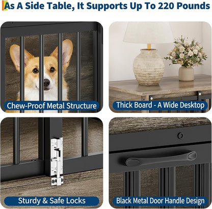 32" Dog Crate Furniture with Barn Doors for Small & Medium Dogs, Wooden Indoor Pet Kennel Furniture, Double Door Dog Cage & Side Table, Heavy Duty Chew & Escape Resistant