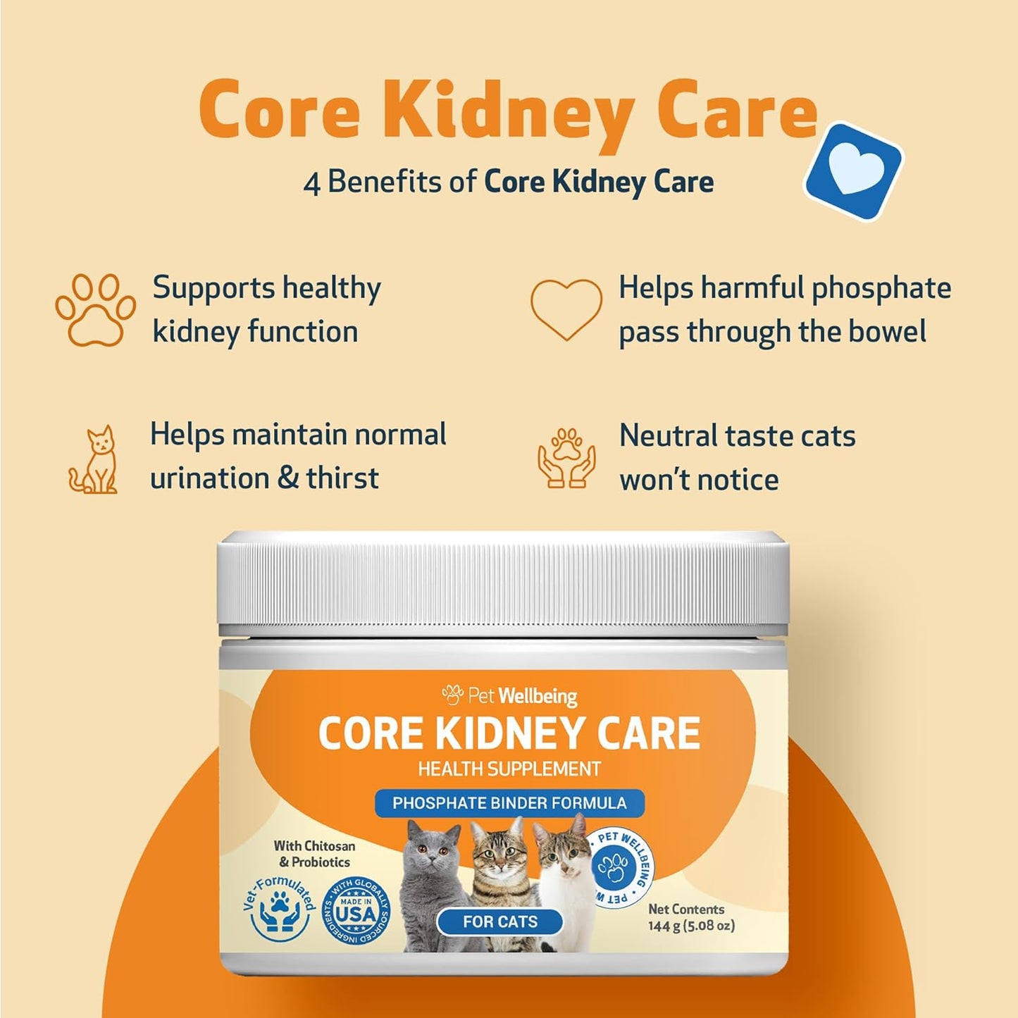 Pet Wellbeing Core Kidney Care for Cats - Daily Phosphate Binder, Supports Healthy Kidney Function with FOS, Chitosan, Probiotics - Veterinarian-Formulated 5.08 oz (144 g) Powder