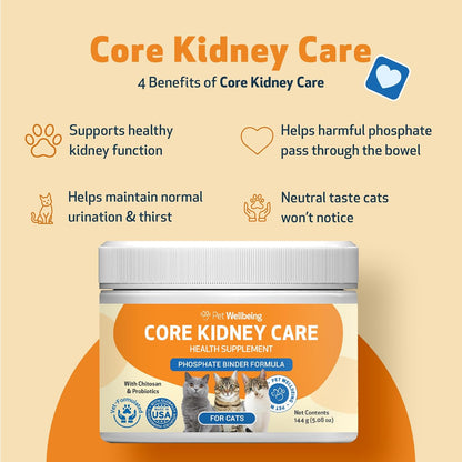 Pet Wellbeing Core Kidney Care for Cats - Daily Phosphate Binder, Supports Healthy Kidney Function with FOS, Chitosan, Probiotics - Veterinarian-Formulated 5.08 oz (144 g) Powder