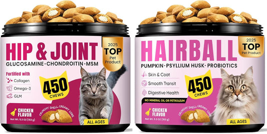 Cat Hairball Remedy with Natural Oils & Fiber for Digestive Support & Cat Joint Supplement with Glucosamine for Mobility & Flexibility Support – 450 Chews