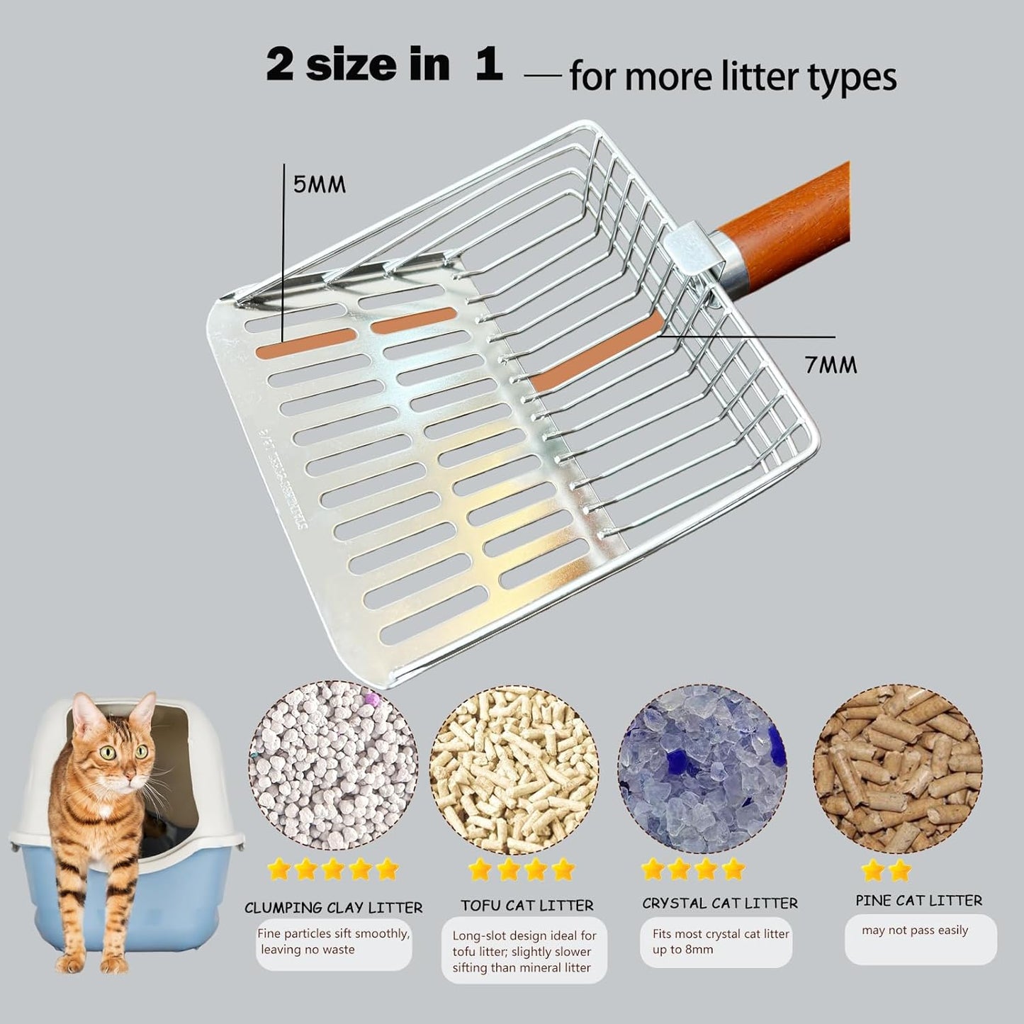 Metal Cat Litter Scoop with Holder, 10.9" Long Oak Handle Stainless Steel Litter Scooper for Deep Litter Boxes (2-in-1 Gap Design)