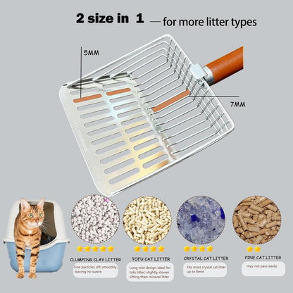 Metal Cat Litter Scoop with Holder, 10.9" Long Oak Handle Stainless Steel Litter Scooper for Deep Litter Boxes (2-in-1 Gap Design)