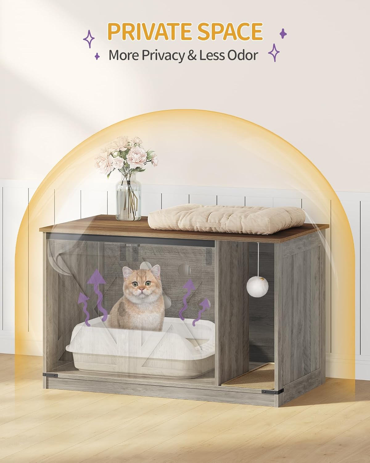 Cat Litter Box Enclosure, Hidden Litter Box Cabinet Furniture with Bell, Indoor Cats House, Farmhouse Style, 39.4 x 21.7X 24.8 Inches, for Hallway, Bedroom, Greige CB85205X
