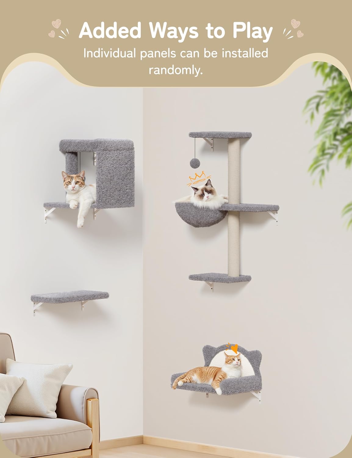 5-in-1 Cat Wall Shelves, Solid Wood & Velvet & Sisal Scratcher, 44lbs Max Load, Wall Mounted Cat Furniture for Climbers, Cat Climbing Wall System, Fits Drywall & Solid Walls - Light Gray