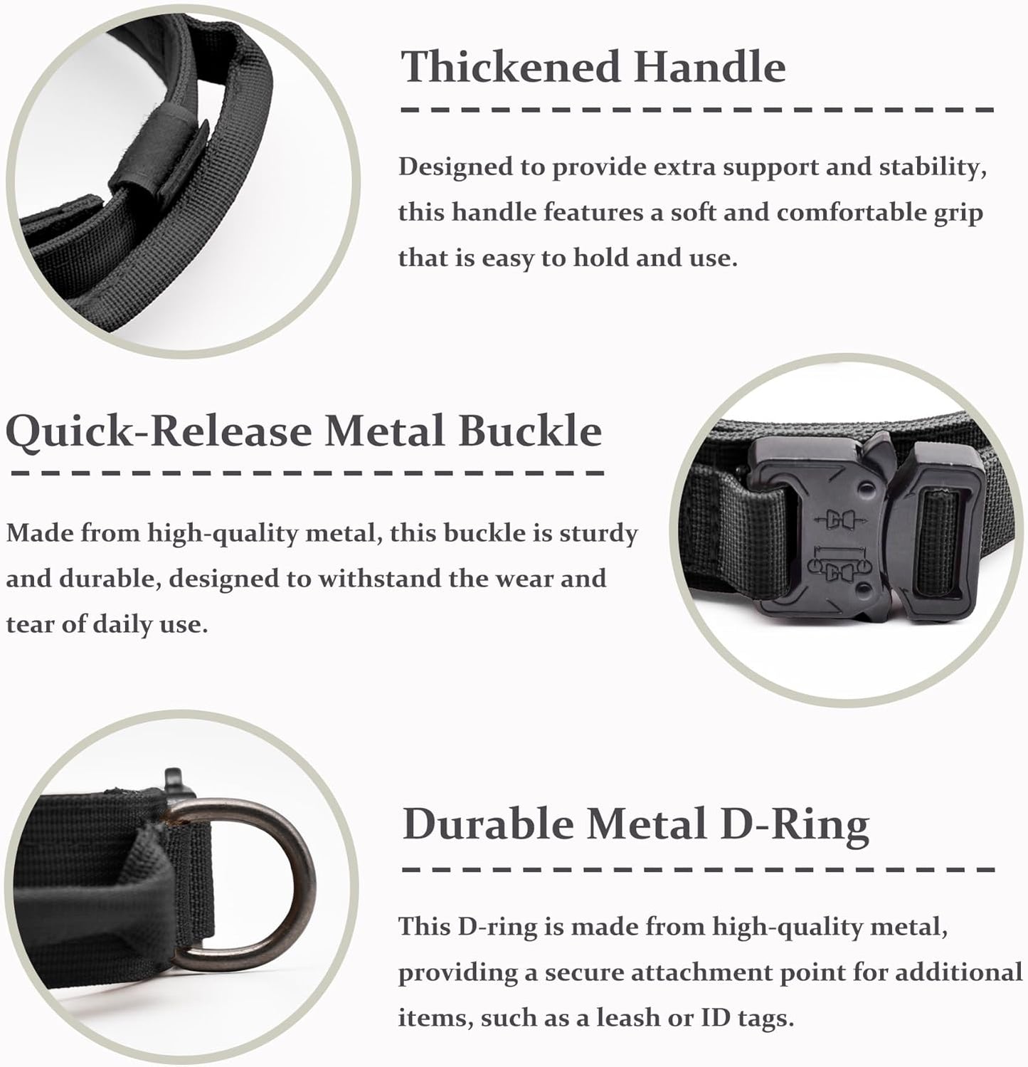 Tactical Dog Collar, Adjustable Military Training Nylon Dog Collar with Control Handle and Heavy Quick-Release Metal Buckle for Small Medium Large Dogs, Black L