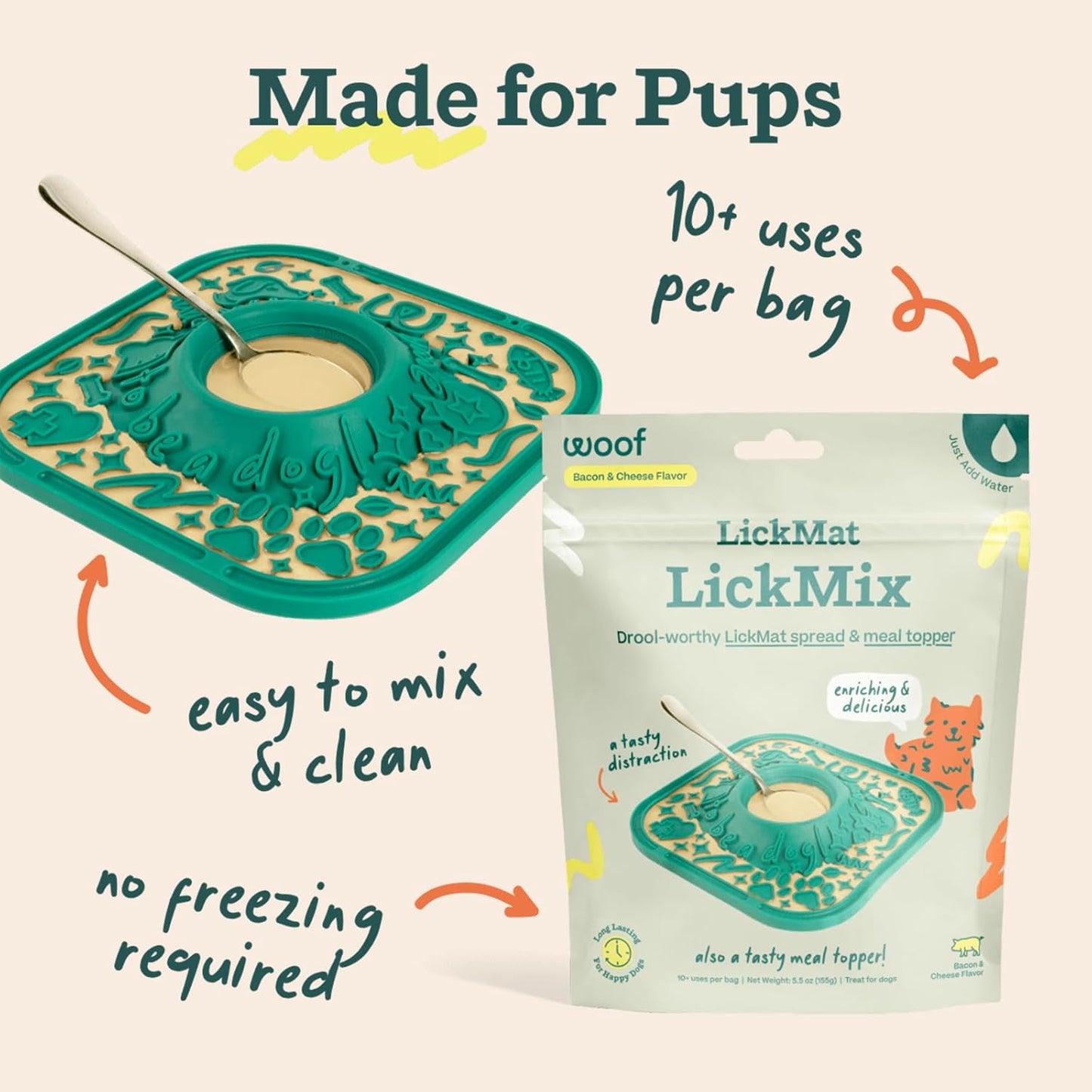 Woof Lick Mat and Bacon and Cheese LickMix Starter Pack Bundle - Dog Enrichment and Spread - Slow Feeder Mat with Non-Slip Design - Delicious, Lower Calorie Mix -Green