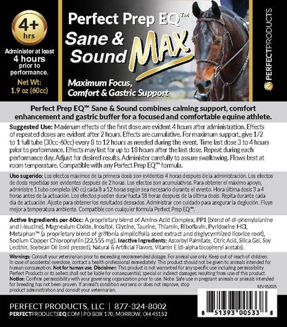 Perfect Prep EQ Sane and Sound MAX Horse Calming Paste, Long-Acting, Max Strength Calming for Soundness and Anxiety, Show Safe, 60cc