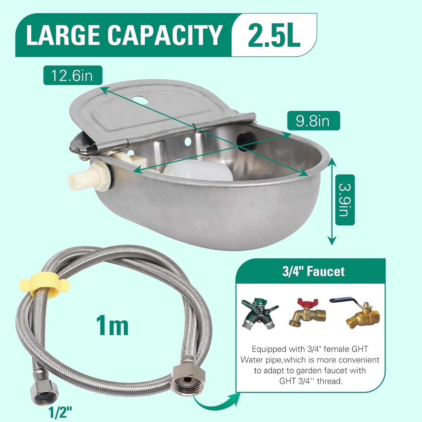 304 Stainless Steel Automatic Livestock Waterer with Float Valve and 39 inch Water Hose(one end 3/4''), Automatic Animal Water Bowl for Dogs,Horse,Calf,Chicken,Goat, Livestock Horse Waterer Dispenser